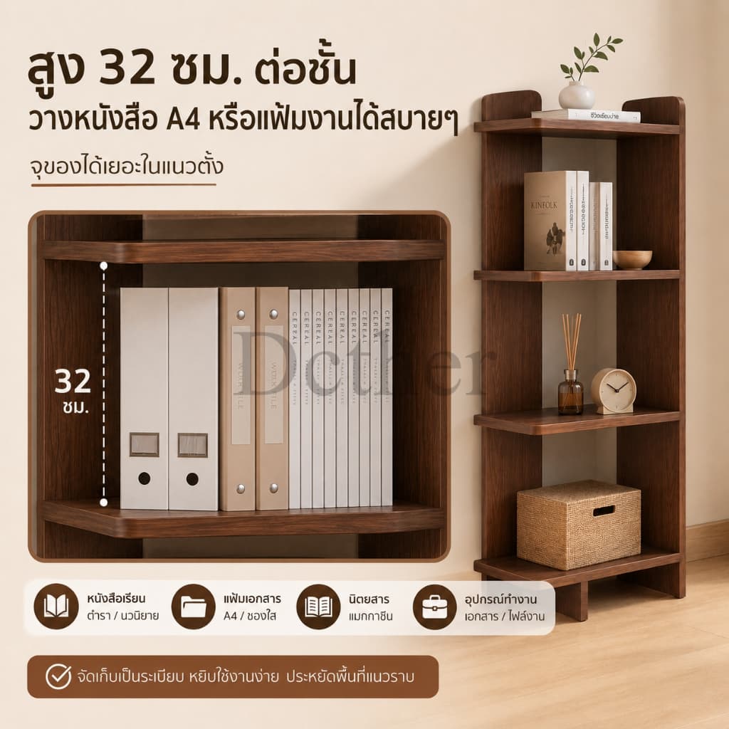 DC ชั้นวางหนังสือ 120cm 5ชั้น สีไม้/ขาว/สีดำและสีขาว วางไว้ที่มุม ชั้นวางของห้องครัว การเก็บรักษาอาหาร รูปที่ 3