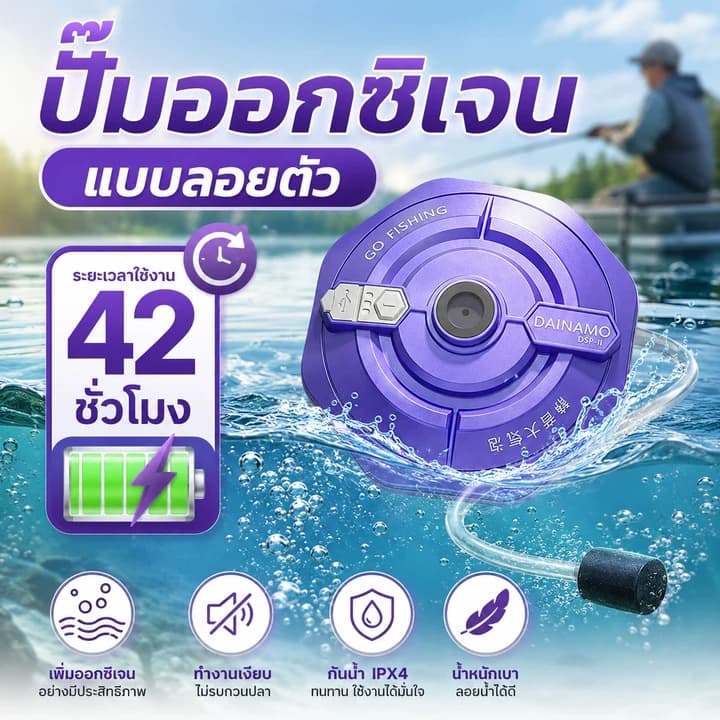 Dainamo ปั๊มออกซิเจนสำหรับตกปลา ปั๊มออกซิเจนลอยน้ำ – ใช้งานได้นาน 42 ชั่วโมง, 3 โหมด, กันน้ำ IPX7 และลอยตัวอัตโนมัติ รูปที่ 1