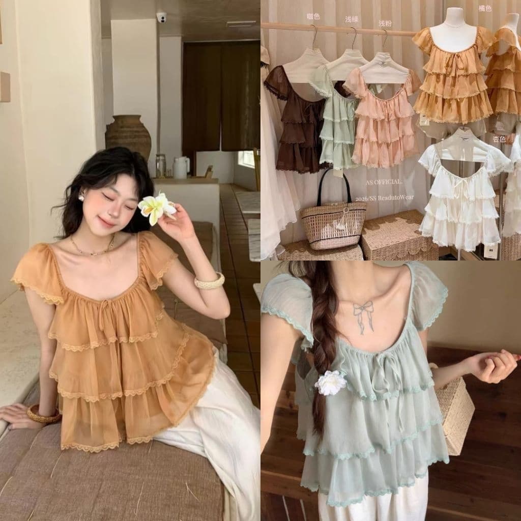 เสื้อชีฟองเกาหลี เแต่งระบายชั้นๆชายลูกไม้ รูปที่ 4