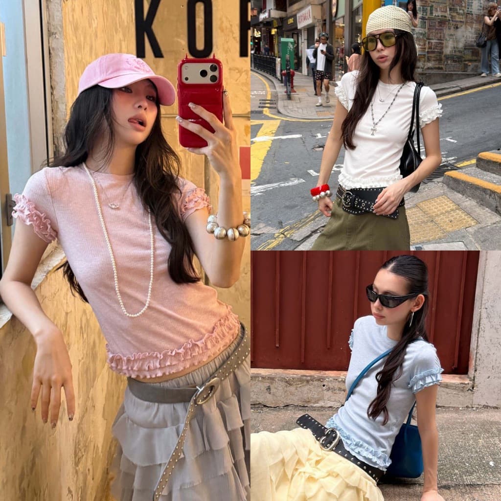 BY0541 เสื้อคอกลมแต่งระบายดอกไม้ ทรงพอดีตัว benly co รูปที่ 1