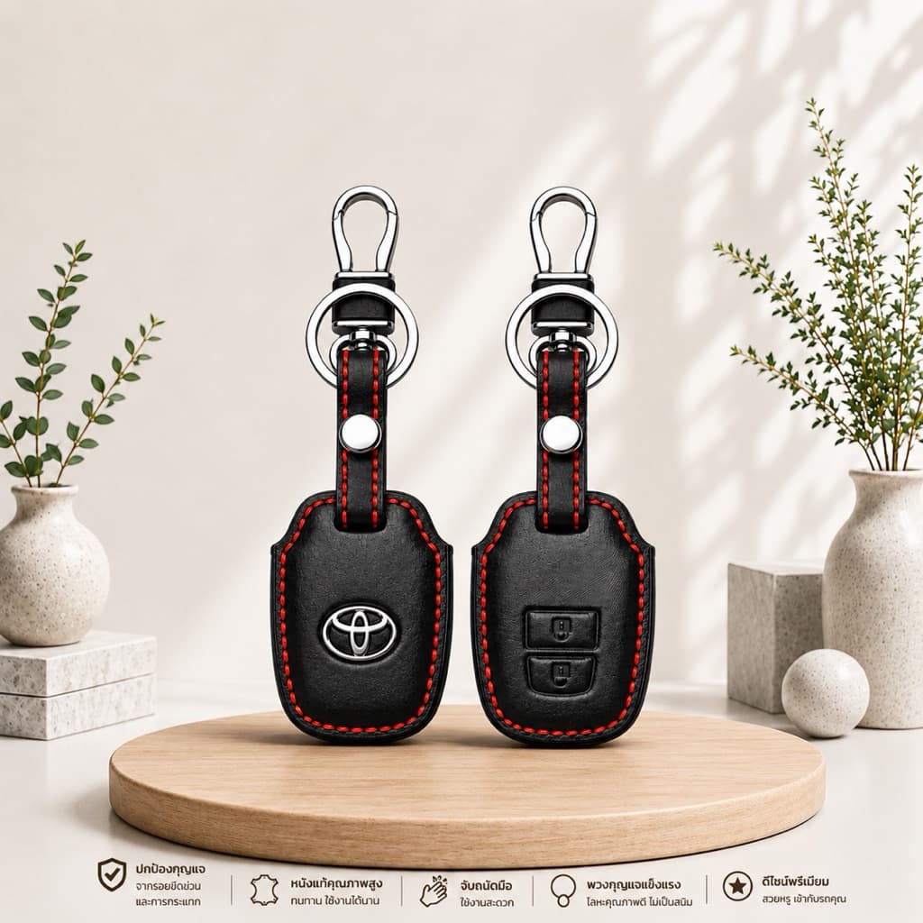 ซองหนังแท้ ใส่กุญแจรีโมทรถยนต์ รุ่นดอกกุญแจโลโก้เหล็ก Toyota Vios,Yaris,Commuter 2-3 ปุ่ม รูปที่ 3