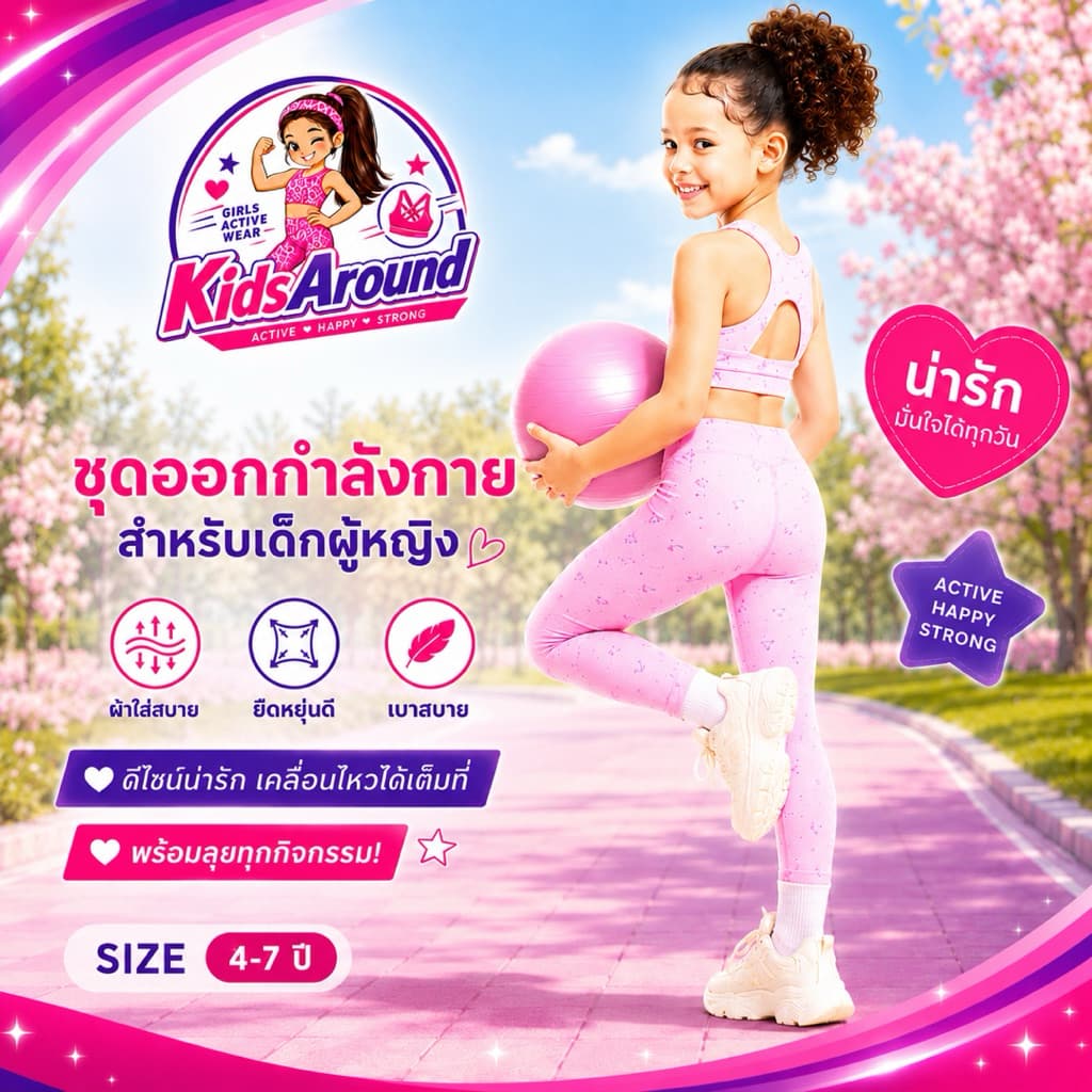 ชุดโยคะ ชุดกีฬา ชุดออกกำลังกาย ชุดกิจกรรม สำหรับเด็กเล็ก อายุ 4-7 ปี สีชมพูลายเชอรี่ เนื้อผ้าอย่างดี รูปที่ 5