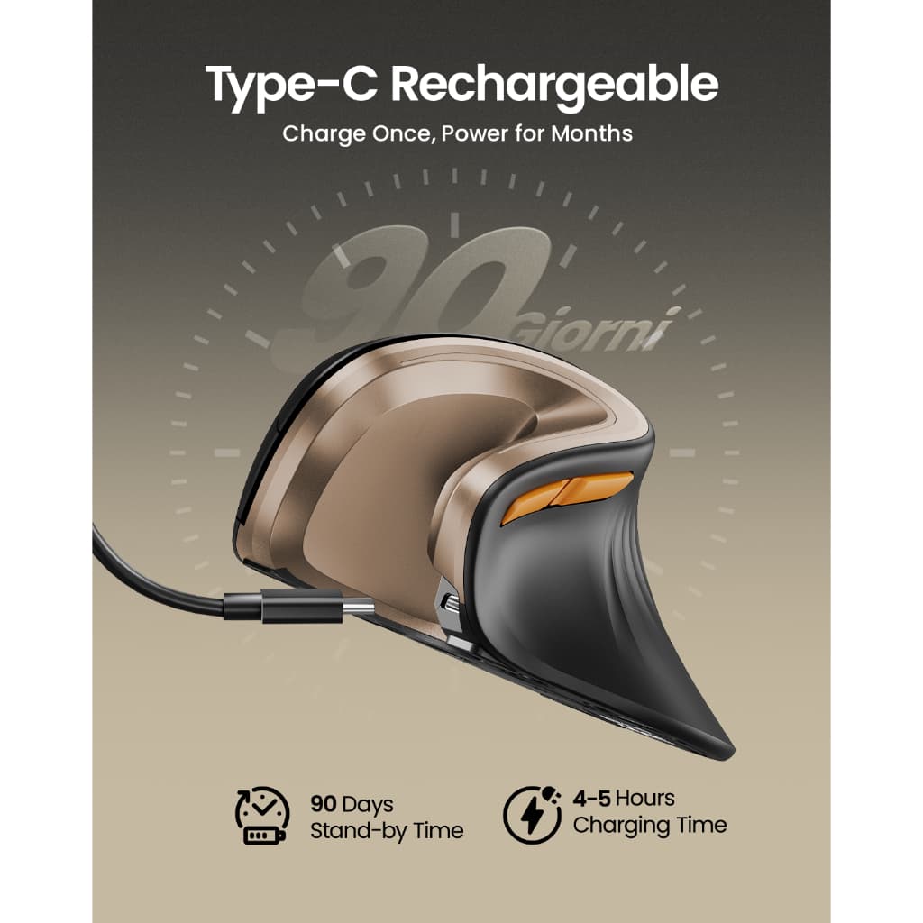 ProtoArc EM11 NL เมาส์แนวตั้ง Ergonomic ไร้สาย Bluetooth 2 ช่อง + 2.4G DPI 8000 ชาร์จได้ สีดำ-ทอง รับประกัน 2 ปี รูปที่ 6