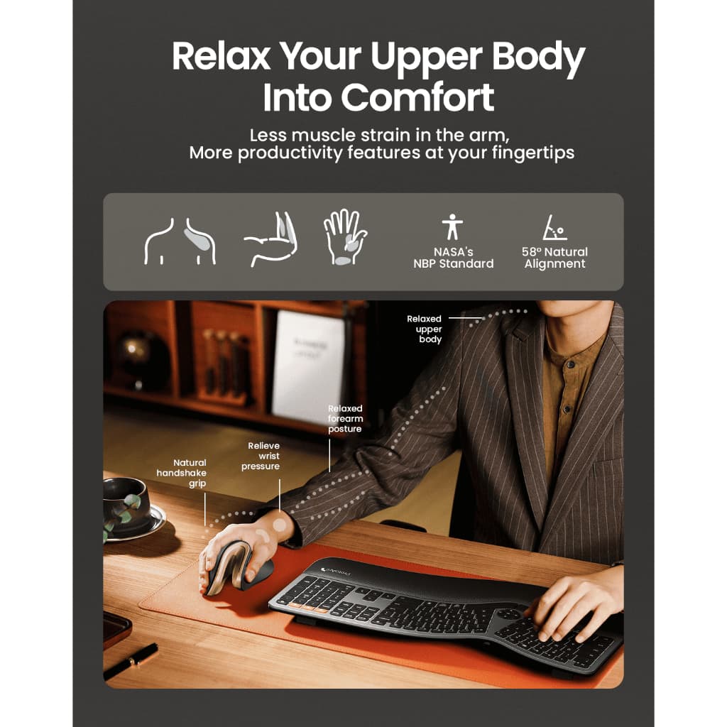 ProtoArc EM11 NL เมาส์แนวตั้ง Ergonomic ไร้สาย Bluetooth 2 ช่อง + 2.4G DPI 8000 ชาร์จได้ สีดำ-ทอง รับประกัน 2 ปี รูปที่ 3