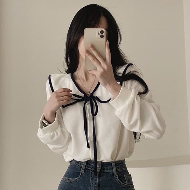 เสื้อเชิ้ตแขนยาวคอปกผูกโบว์น่ารัก Chiffon dolly top relaxed ดีไซน์โบว์ สไตล์เกาหลีญี่ปุ่น รูปที่ 6