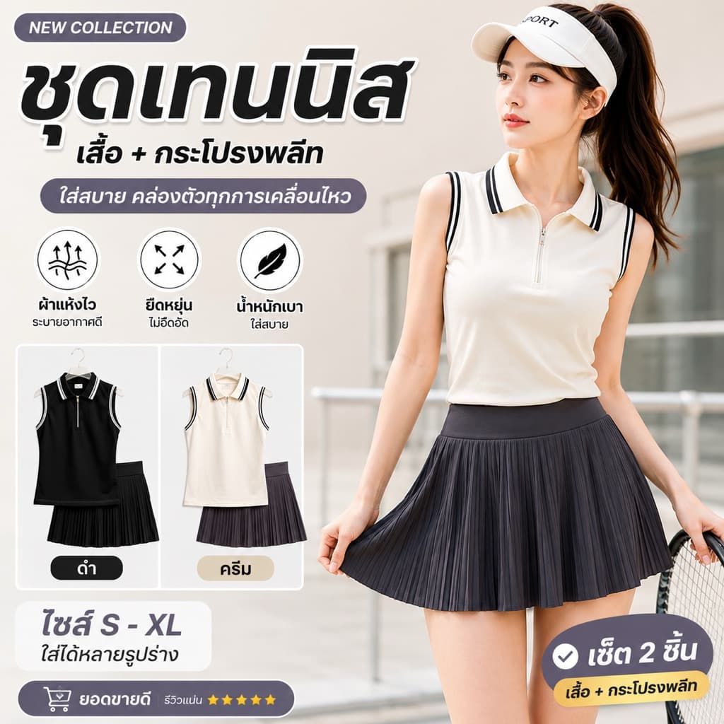 ชุดเทนนิสผู้หญิง 2 ชิ้น เสื้อแขนกุดคอปก + กระโปรงพลีท กางเกงซับใน ชุดกอล์ฟ ชุดแบดมินตัน สปอร์ตแฟชั่น รูปที่ 1