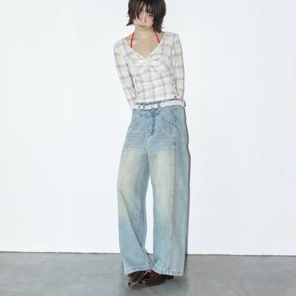 AMUSE BKK - Sally Jeans กางเกงยีนส์ดีเทลจีบข้าง ทรงกระบอกตรง งาน Handmade ทำสี Dirty ตัวต่อตัว สวยค่า รูปที่ 4