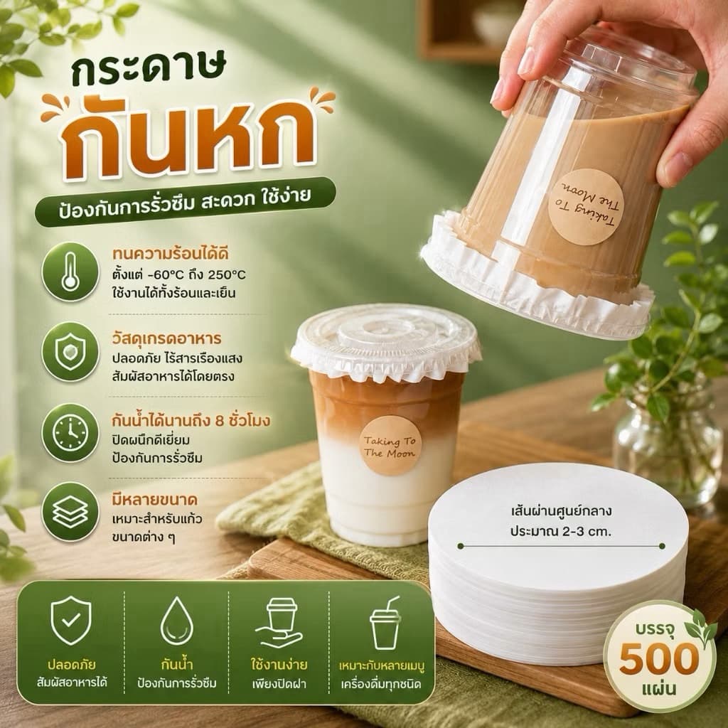 กระดาษปิดปากแก้ว ที่กันน้ำหก สีขาว ขนาด 10-15 ซม. กระดาษกันน้ำหก รูปที่ 2