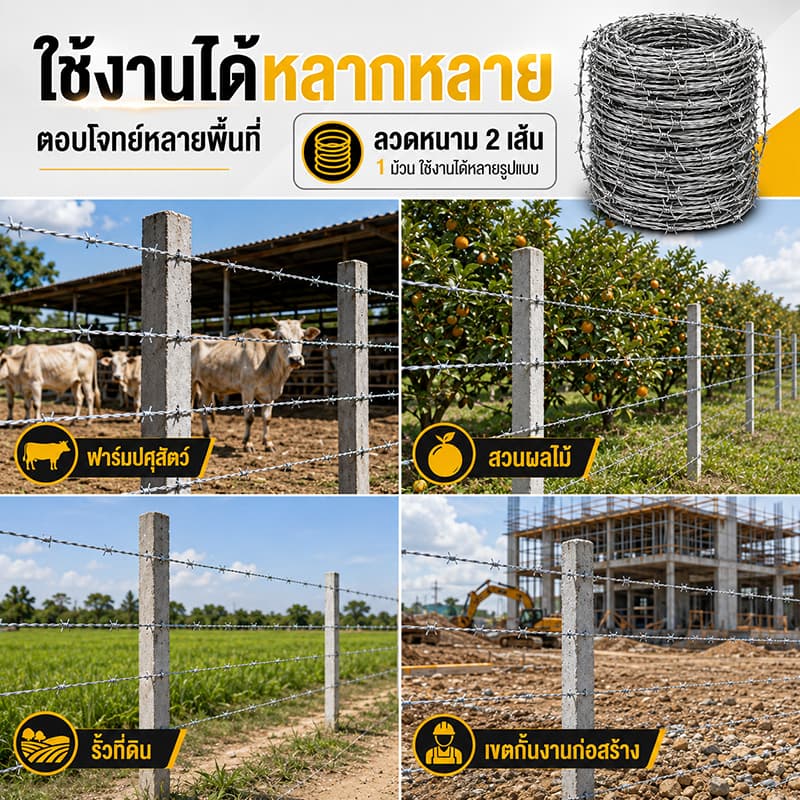 ลวดหนามชุบกัลวาไนซ์ 1.4 มม. 200 ม. ลวดหนามล้อมรั้ว ชุบสังกะสีจุ่มร้อน กันสนิม แข็งแรง สำหรับฟาร์ม สวน รั้วที่ดิน รูปที่ 8