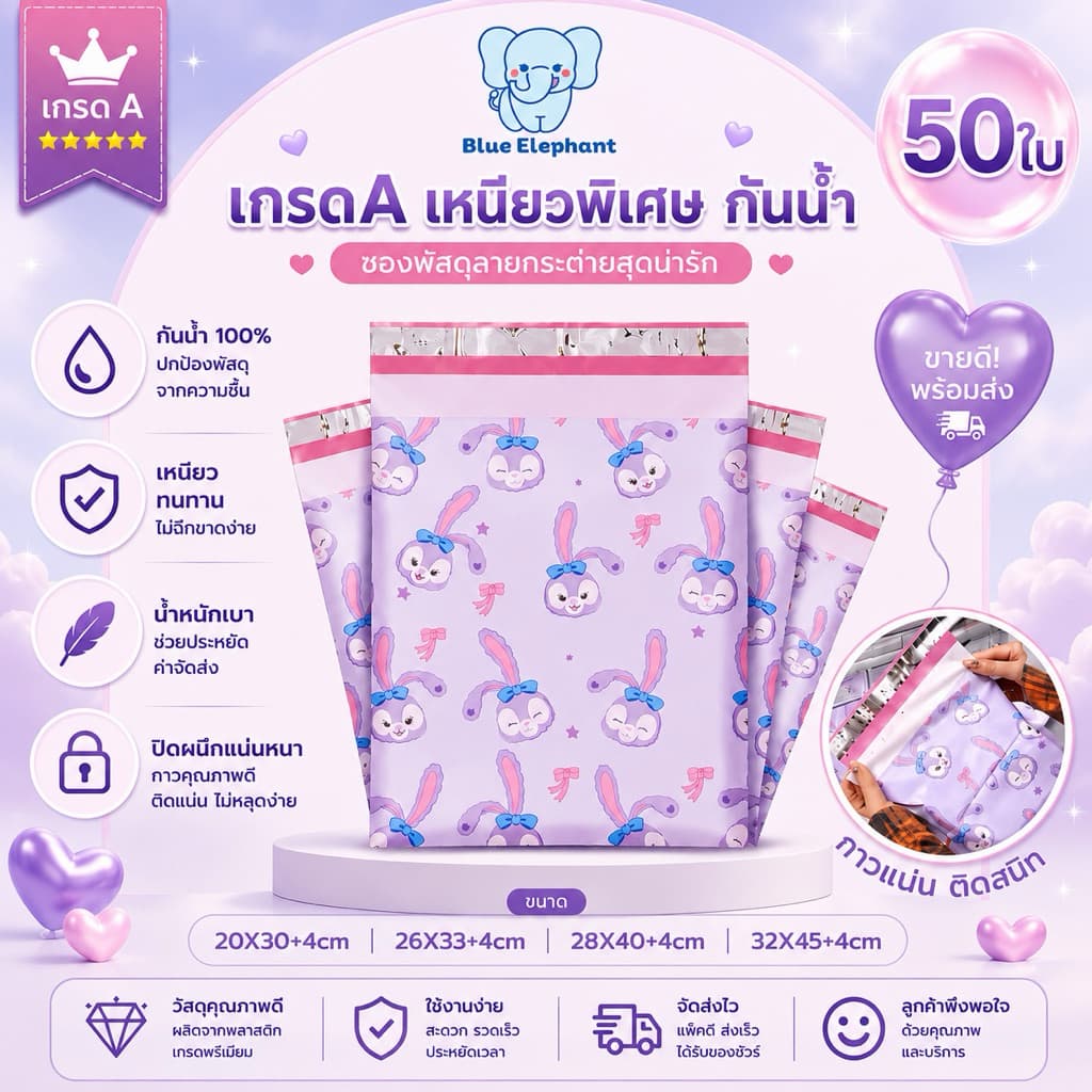 Blue Elephant ซองพัสดุลายการ์ตูนเกรดA 50ใบ อย่างดี กันน้ำ ซองหนา กาวเหนียว ใช้งานสะดวก รูปที่ 1