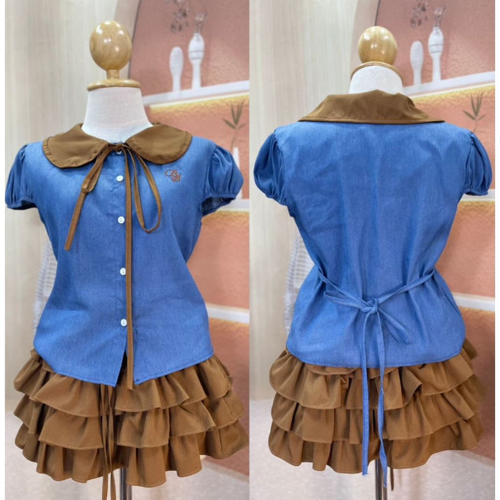 MahahengClosetเสื้อคอบัวแขนตุ๊กตา ผ้ายีนส์สวย ดีไซน์หวานน่ารักพร้อมกระดุมและเชือกสุดชิค รูปที่ 9