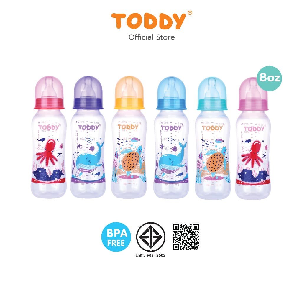 TODDY ทอดดี้ ขวดนมคอแคบ ทรงถั่ว ขวดนมเด็ก ขวดนม ขนาด 2oz/4oz/8oz คละสี รูปที่ 8