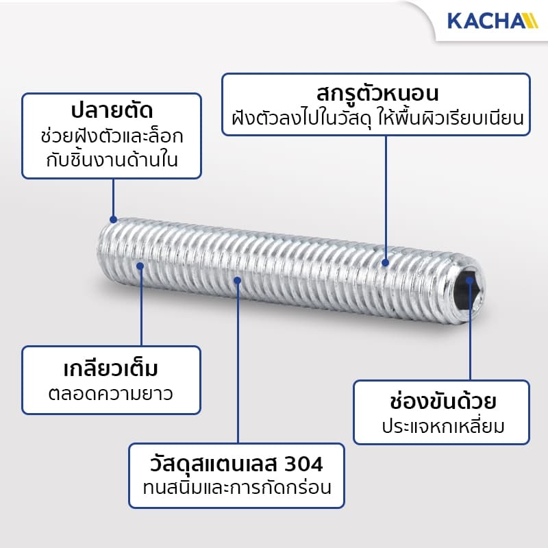 Kacha สกรูตัวหนอน สกรูหัวจมหกเหลี่ยม สแตนเลส 304 ขนาด M8 ยาว 6-50มิล ทนทานสนิมและการกัดกร่อน GB77 รูปที่ 3