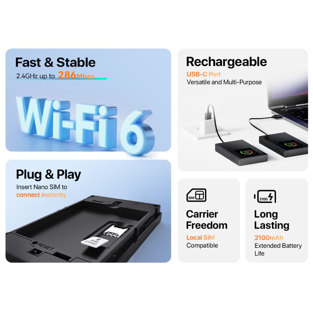 Tenda MF3/MF6 4G LTE Pocket WiFi 6 AX300 ฮอตสปอตพกพาความเร็วสูง มาพร้อมหน้าจอสี 1.44 นิ้ว พอร์ต USB-C Plug & Play รูปที่ 3