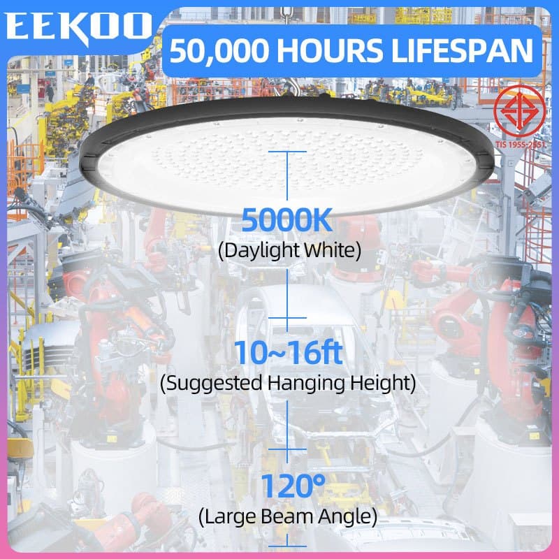 EEKOO โคมไฟไฮเบย์ โคมไฟโรงงาน 100W 150W 200W ใช้ในโกดัง ลานจอดรถ ในบริษัท สนามกีฬาและพื้นกลางแจ รูปที่ 5