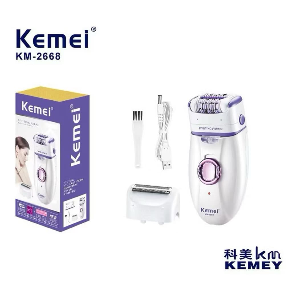 KEMEI KM2668 km-2668เครื่องถอนขนและโกนขนไร้สาย 2 in 1 หัวหมุนได้ มีสีแดงกับสีม่วง รูปที่ 1