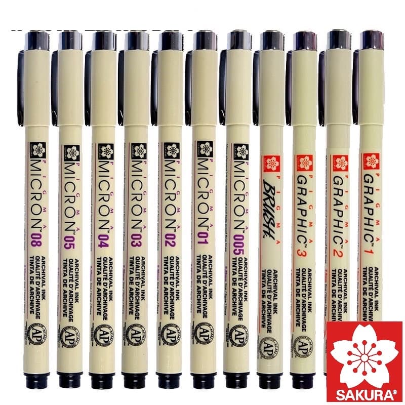 SAKURA PIGMA ปากกาตัดเส้นงานศิลปะ  Japan กันน้ำได้ รุ่น Micron, Graphic, Brush ตัดเส้นกันพลา กันดั้ม