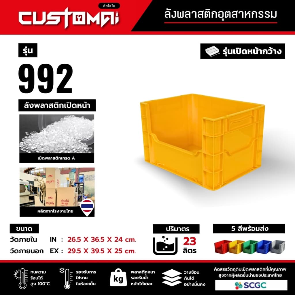 ลังพลาสติก รุ่น 992 เปิดหน้ากว้าง จัดเก็บ ซ้อนลังได้ เหมาะทั้งงานช่าง งานคลังสินค้า และโรงงาน ผลิตไทย พลาสติกหนา เกรด A รูปที่ 1