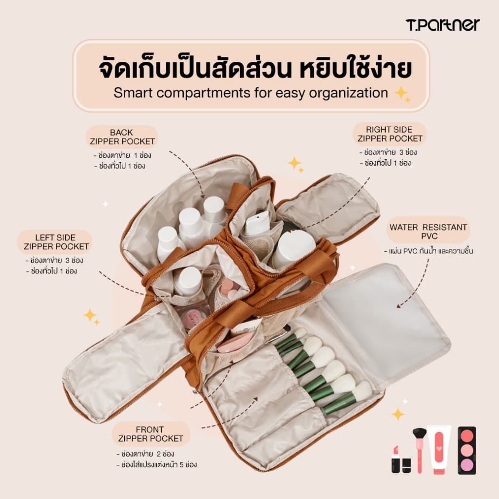 Tpartner Makeup Bag — กระเป๋าจัดระเบียบเครื่องสำอางใช้งานได้สะดวก จุเยอะ ใส่ได้ครบทั้งเมคอัพ สกินแคร์ โฟมล้างหน้า รูปที่ 4