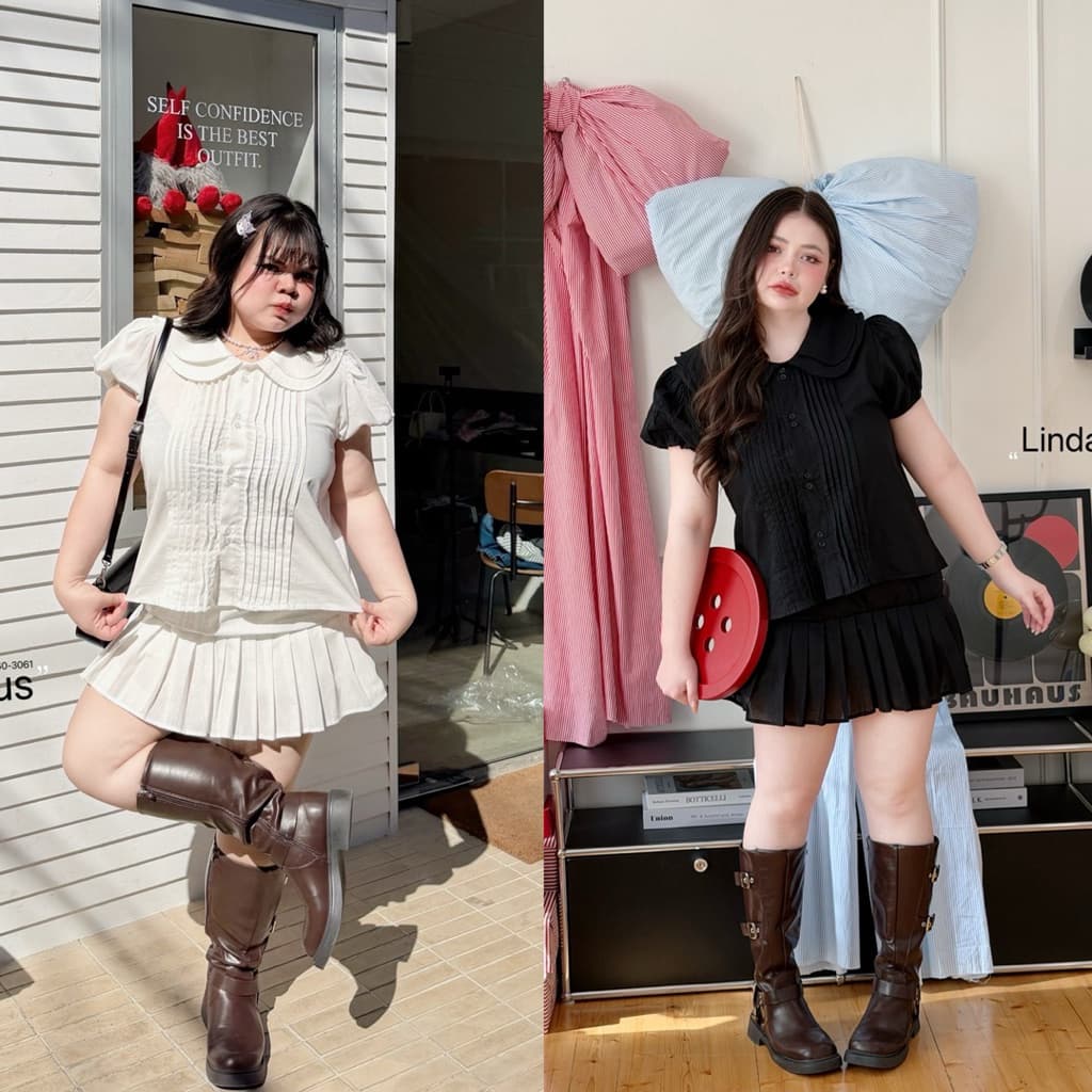 เซต เสื้อคอบัว2ชั้น+กระโปรงจีบ ผ้าฝ้าย น่ารัก เรียบร้อย แต่งลูกไม้ เสื้อผ้าสาวอวบอ้วน พลัสไซส์ ไซส์ใหญ่ รูปที่ 1