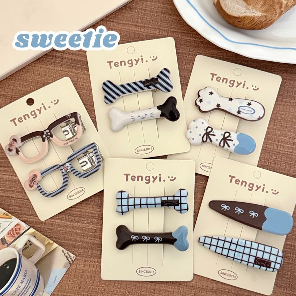 Cute 461 กิ๊บติดผม กิ๊บหนีบผมลายกราฟฟิค โทนฟ้าตาล 2 ชิ้น/แพ็ค รูปที่ 3