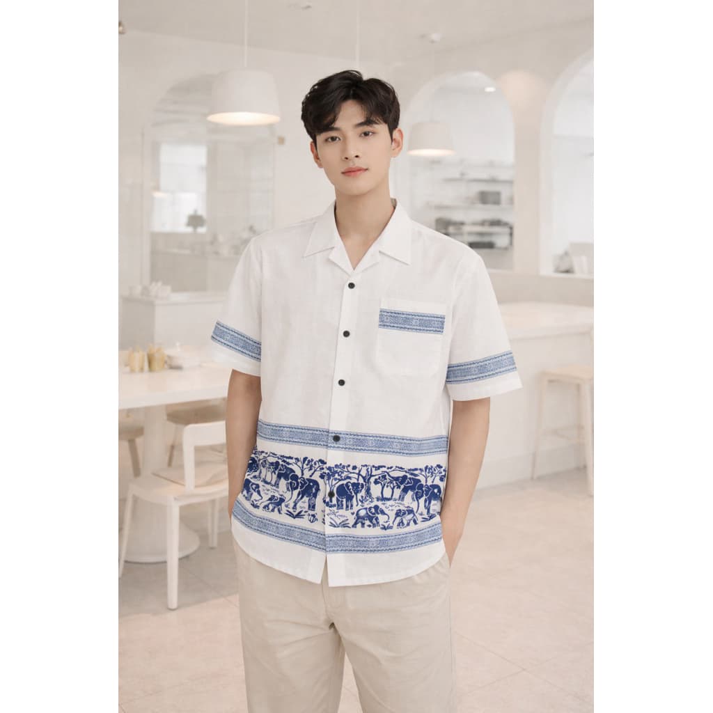 เสื้อผ้าฝ้าย เสื้อพื้นเมือง คอปก ผู้ชาย พิมพ์ลายช้าง แต่งกระดุมไม้ ผ้านุ่ม ใส่สบาย ไม่ร้อน รูปที่ 4