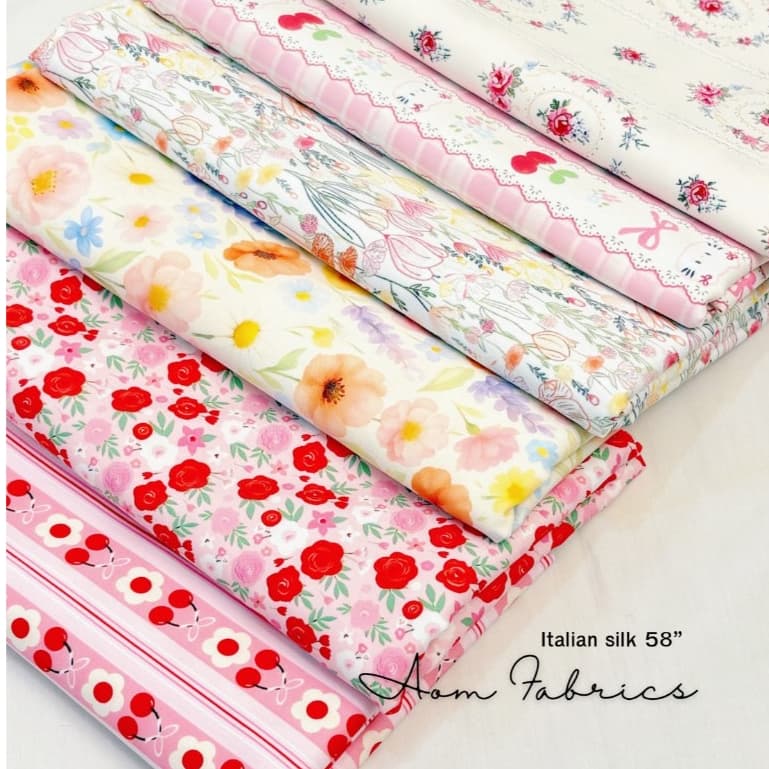 Aom Fabrics 🌷ผ้าไหมอิตาลี่เกรดA No.1450-1455 120 แกรม หน้ากว้าง 58 นิ้ว เนื้อนุ่มลื่น ไม่บาง ลายสวยมากก