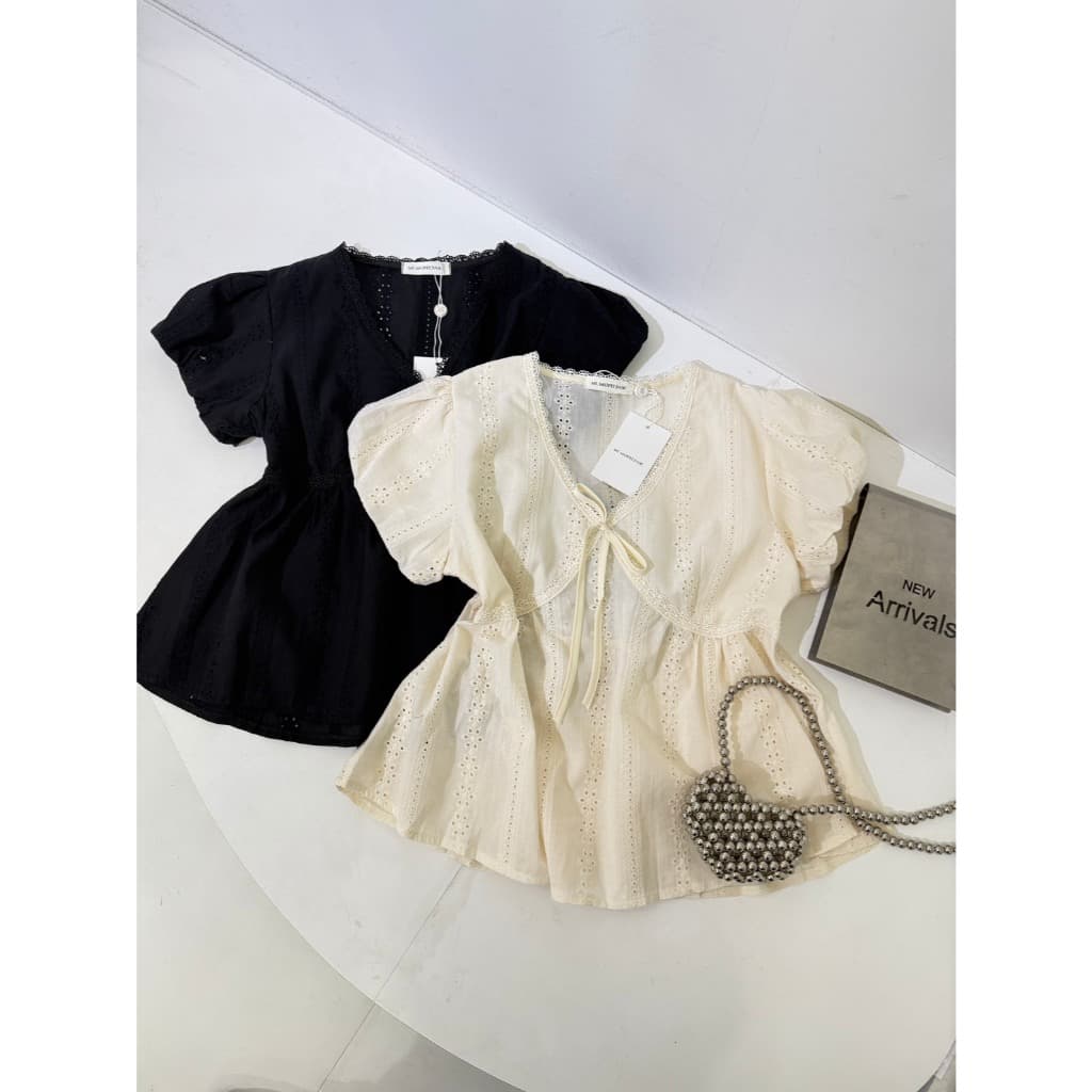 M2049 เสื้อลูกไม้ทรงระบาย ดีเทลผูกโบว์ช่วงอก เพิ่มความน่ารักแบบพอดีตัว ทรงปล่อยใส่สบาย ไม่อ รูปที่ 4