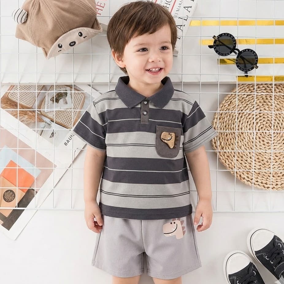 Babyonline 2K5 ชุดเซ็ตเสื้อคอปกกางเกงขาสั้นสุดเท่สำหรับเด็กผู้ชาย ผ้านิ่ม ระบายอากาศได้ดี รูปที่ 9