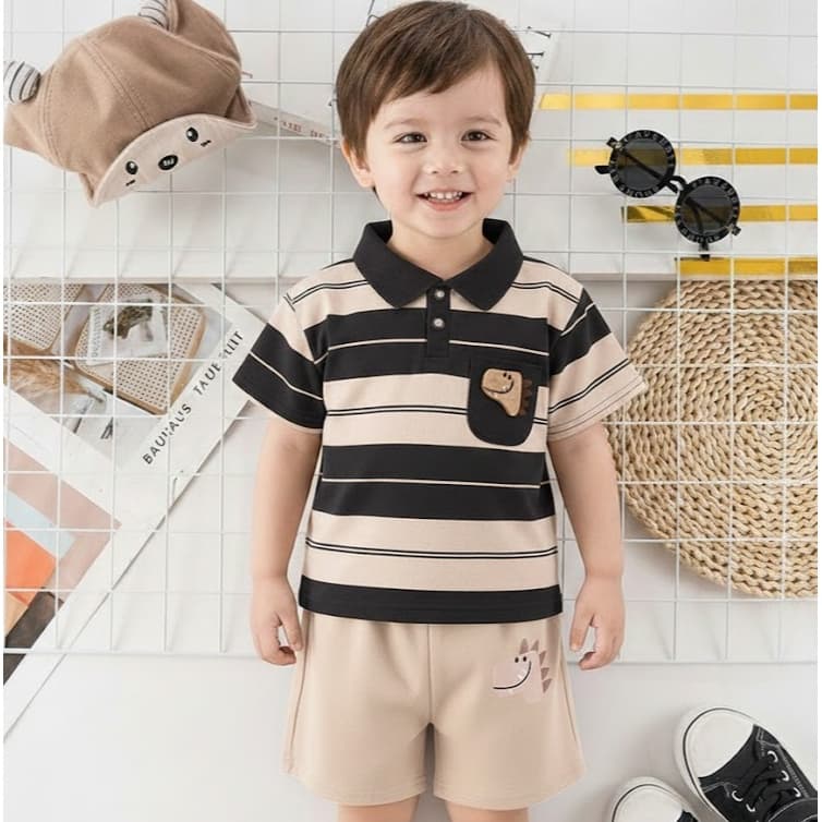 Babyonline 2K5 ชุดเซ็ตเสื้อคอปกกางเกงขาสั้นสุดเท่สำหรับเด็กผู้ชาย ผ้านิ่ม ระบายอากาศได้ดี รูปที่ 7