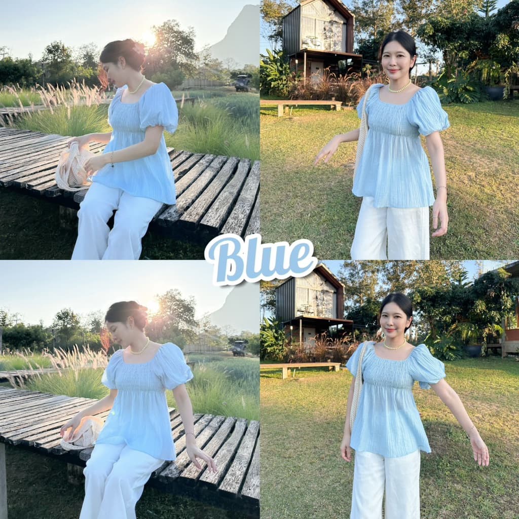 SUNNY BLOUSE เสื้อคอเหลี่ยมแขนพองทรงบอลลูน สม็อคช่วงอก ยืดได้เยอะ ผ้าฝ้ายผสมอัดยับย่น รูปที่ 5