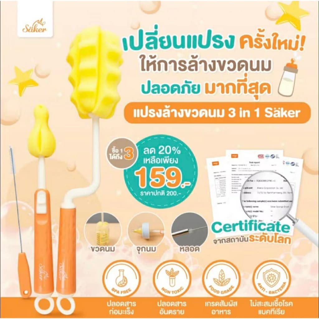 Saker แปรงล้างขวดนม เเบบฟองน้ำ ซื้อ1ได้ถึง 3 เซ็ตแปรงฟองน้ำล้างขวด+ล้างได้ทั่วถึงทุกซอกมุม รูปที่ 8