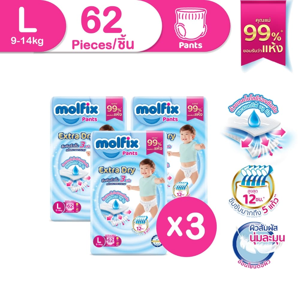 Molfix กางเกงผ้าอ้อมโมลฟิกซ์ เอ็กซ์ตร้า ดราย แพ้นส์ L 62 ชิ้น x3 รูปที่ 1