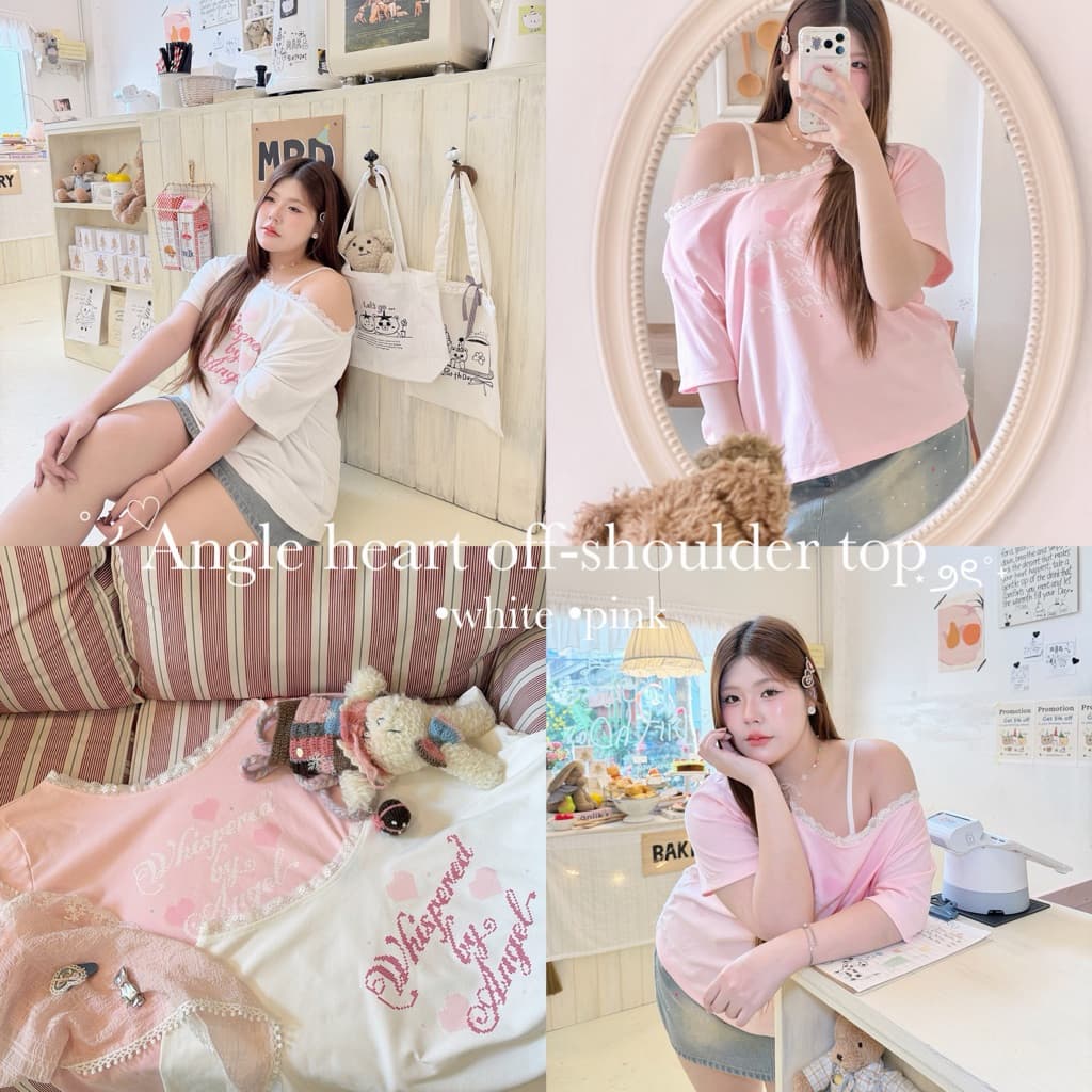 Angle heart off-shoulder top”เสื้อโอเวอร์ไซส์ปาดไหล่น้องสกรีนลายน่ารักมาก “ รูปที่ 1