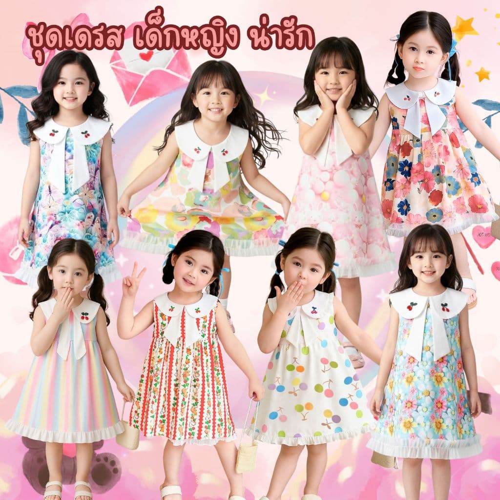 ชุดเดรสน่ารักๆเหมาะสำหรับลูกสาว คอปกปักลายเชอร์รี่ แขนกุด เนื้อผ้าเบา ระบายอากาศ พิมพ์ลาย3มิติ สวมใส่สบาย รูปที่ 1