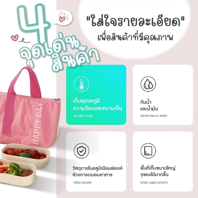 กันน้ำPU กระเป๋าเก็บอุณหภูมิ อาหารกลางวัน กระเป๋าใส่กล่องข้าว เบนโตะ ความร้อนเย็น ถุงใส่อาหารมีหูหิ้ว ส่งจากประเทศไทย รูปที่ 8