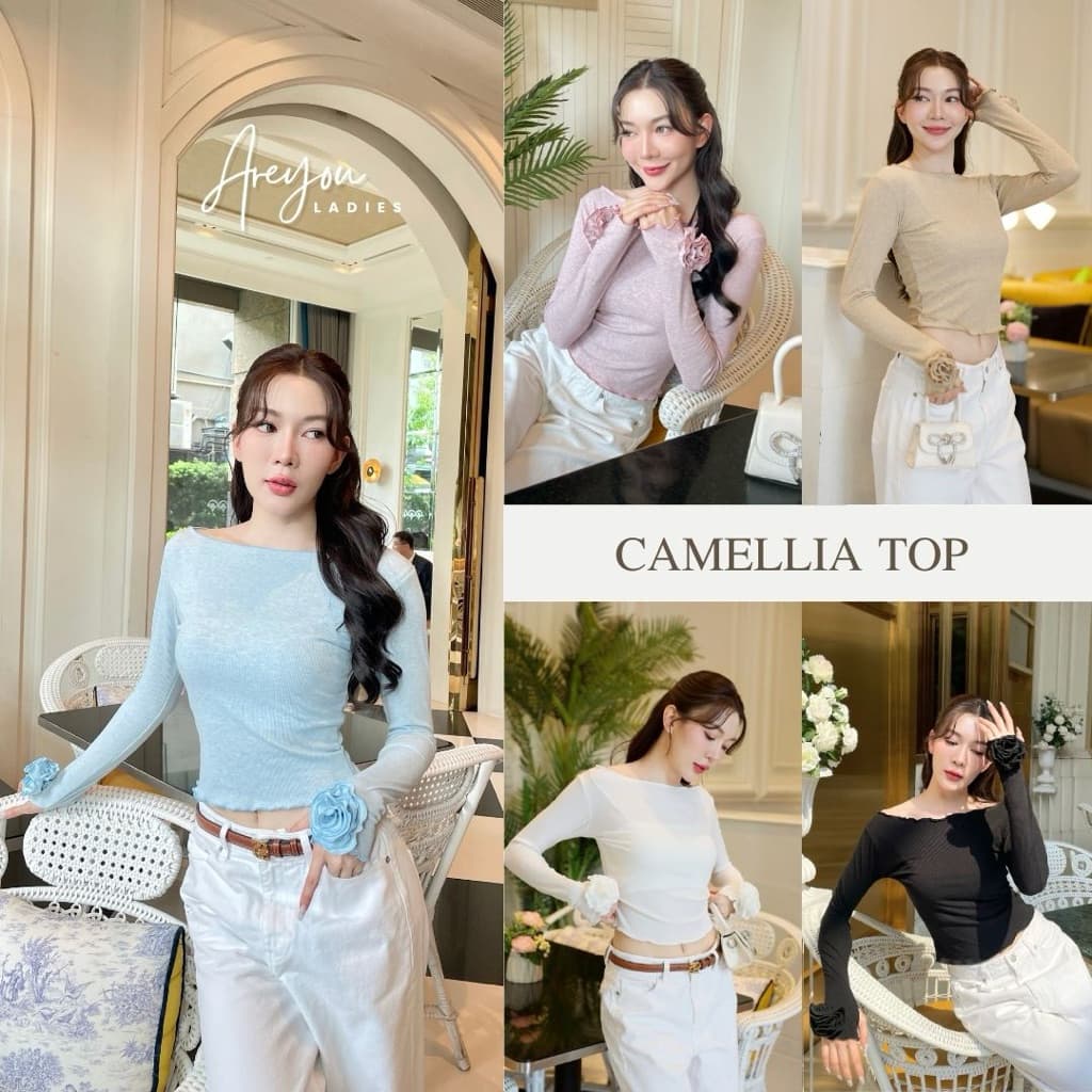 NO.609 Camellia Top เสื้อยืดผ้าร่องแขนยาวแต่งดอกคาลิเลีย