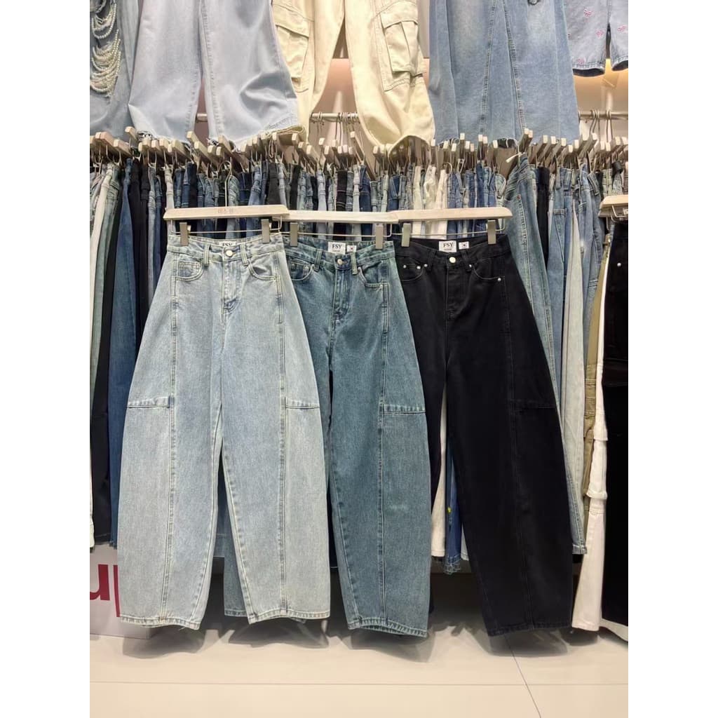 FSY10381 Jeans side expand กางเกงยีนเอวสูงทรงขาบอลลูน แต่งตะเข็บด้านข้าง ผ้ายีนฟอกสีสวย รูปที่ 5