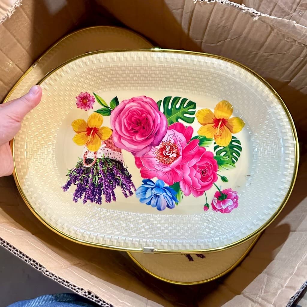 ถาดพลาสติก ถาดใส่ของ อเนกประสงค์ ขอบทอง สกรีนลายสวยชัด มีให้เลือกหลายแบบ ทรงรี/มน/เหลี่ยม รูปที่ 2