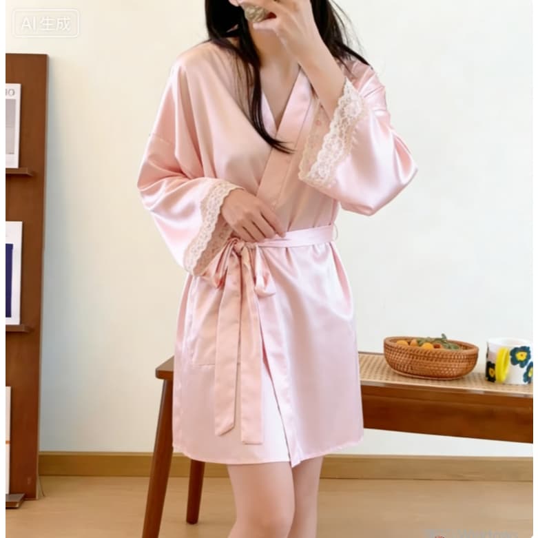 Sexy Night Whisperเสื้อคลุมอาบน้ำ ชุดนอนซาติน ขอบลูกไม้ สีพื้น สไตล์เสื้อคลุมอาบน้ำ ผ้าใส่สบาย ชุดอยู่บ้าน ส่งจากไทย รูปที่ 4