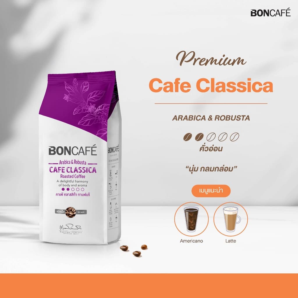Boncafe - กาแฟคั่วบด บอนกาแฟ คาเฟ่ คลาสสิก้า 250 กรัม อราบิก้าผสมโรบัสต้า คั่วอ่อน Cafe Classica รูปที่ 2