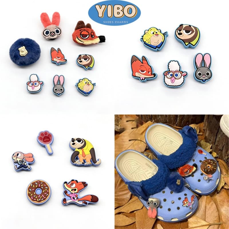 YIBO charms ตัวติดรองเท้าแตะ การ์ตูน Zootopia 3D น่ารักสุดปัง พร้อมชุดบัวล็อคโลหะ ตกแต่งง่าย ไม่หลุด