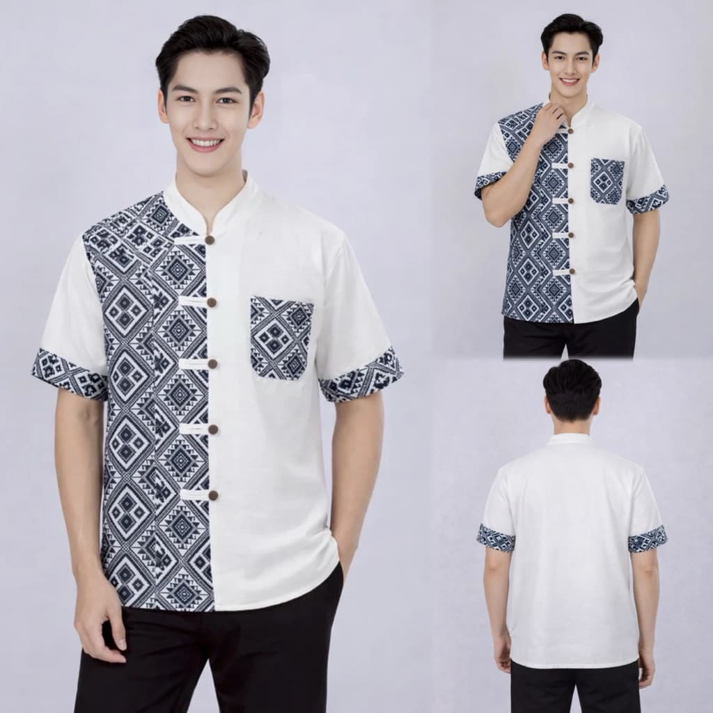 เสื้อคอจีนผู้ชาย ลายขิด/ลายไทย ทูโทน รูปที่ 5