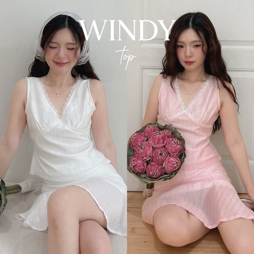 SHOP.POPO-Windy top เสื้อแขนกุดคอวีดีเทลขอบลูกไม้ รูปที่ 1