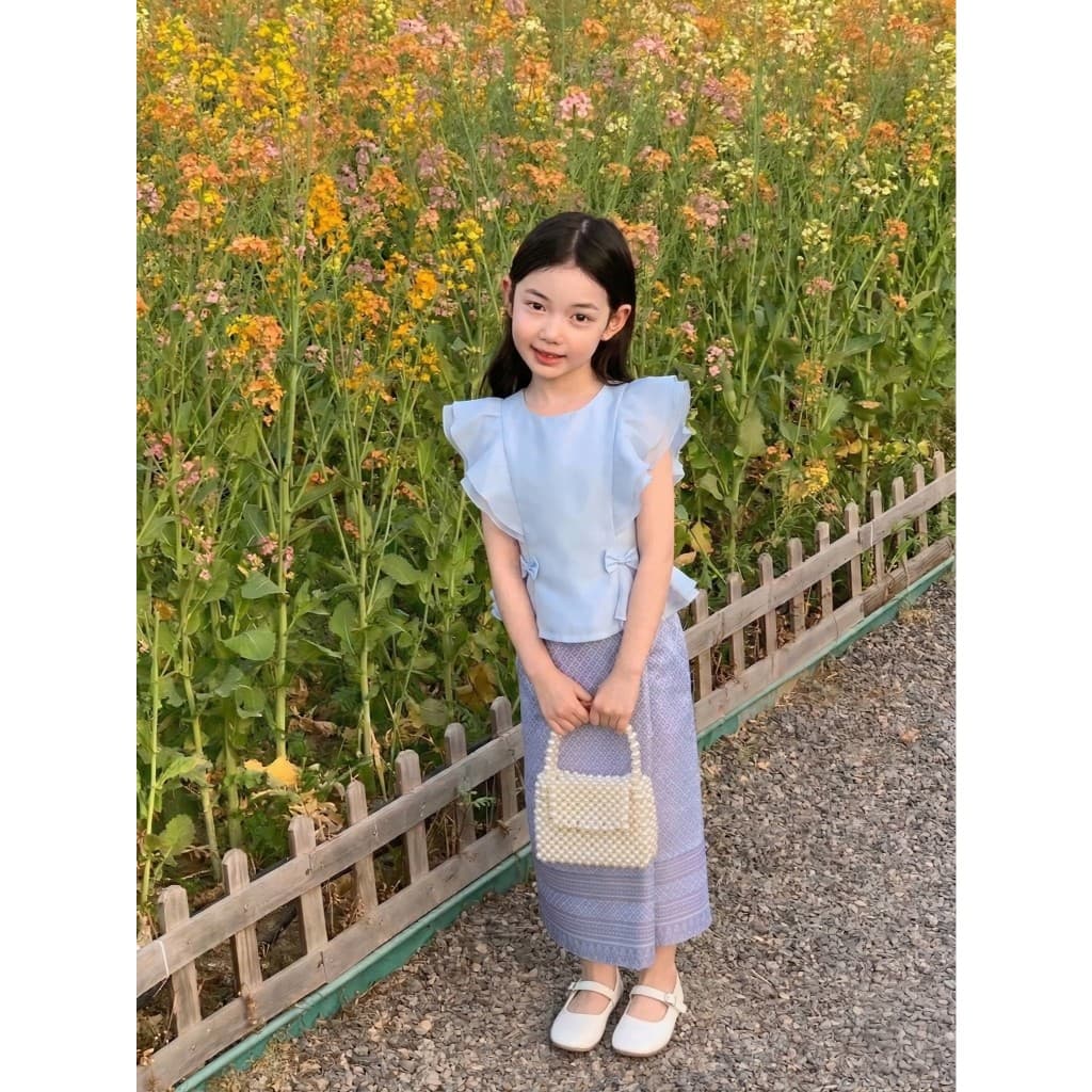 BS038 รุ่นฟ้าจรดทราย ชุดไทยแม่ลูก ชุดไทยประยุกต์ผู้หญิง ชุดไทยเด็กผู้หญิง สีฟ้าสวย สไบ สวยน่ารัก พาสเทล รูปที่ 4
