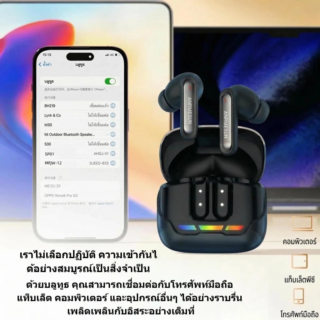 ANRMESUNหูฟังบลูทูธ, บลูทูธ 5.4, ไมโครโฟนในตัว, คุณภาพเสียง A5, ระบบตัดเสียงรบกวน, หูฟังไร้สาย, ระบบควบคุมแบบสัมผัส รูปที่ 3