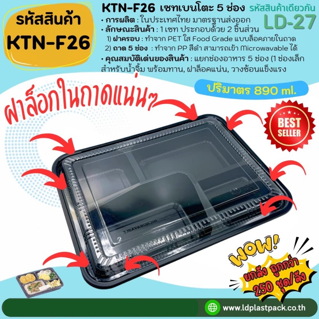 เซทเบนโตะ 5ช่อง ถาดสีดำเข้า Microwavable ได้ พร้อมฝาใส กล่องใส่อาหาร food grade รูปที่ 2