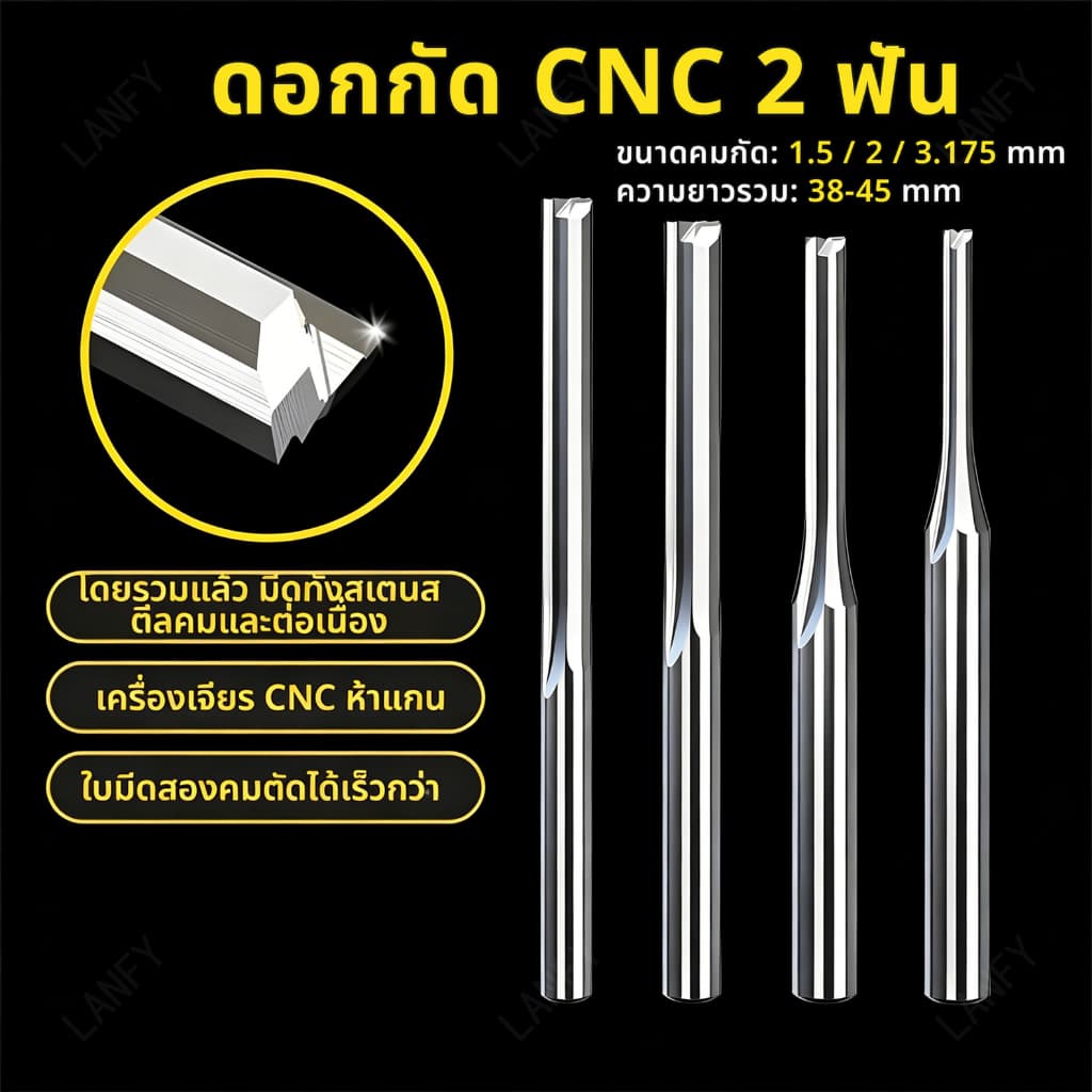 ดอกกัดตรงคาร์ไบด์ 2 ฟัน ขนาด 1.5/2/3.175 มม. งานไม้ อะคริลิค PVC รูปที่ 1