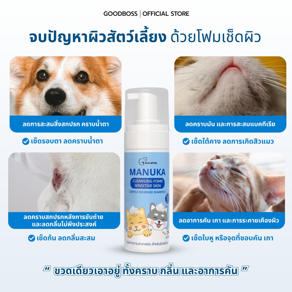 Goodboss Manuka Cleansing Foam โฟมเช็ดทำความสะอาดผิว สำหรับหมาเเมว ลดคัน เเบคทีเรีย ผลิตภัณฑ์ออแกนิค รูปที่ 2