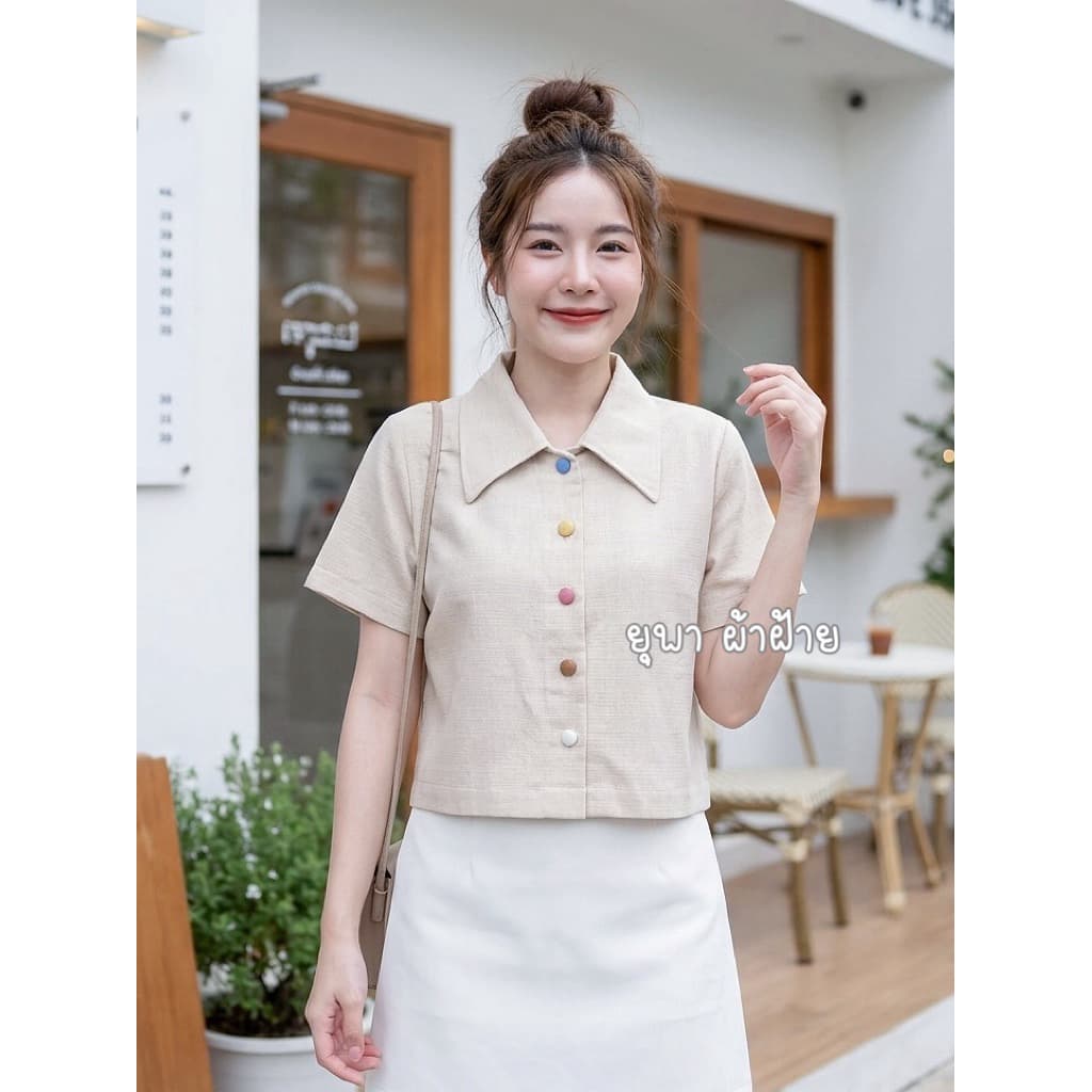 เสื้อคอปกปีกใหญ่ผ้าฝ้ายชินมัยพื้นเมือง มินิมอล รูปที่ 4